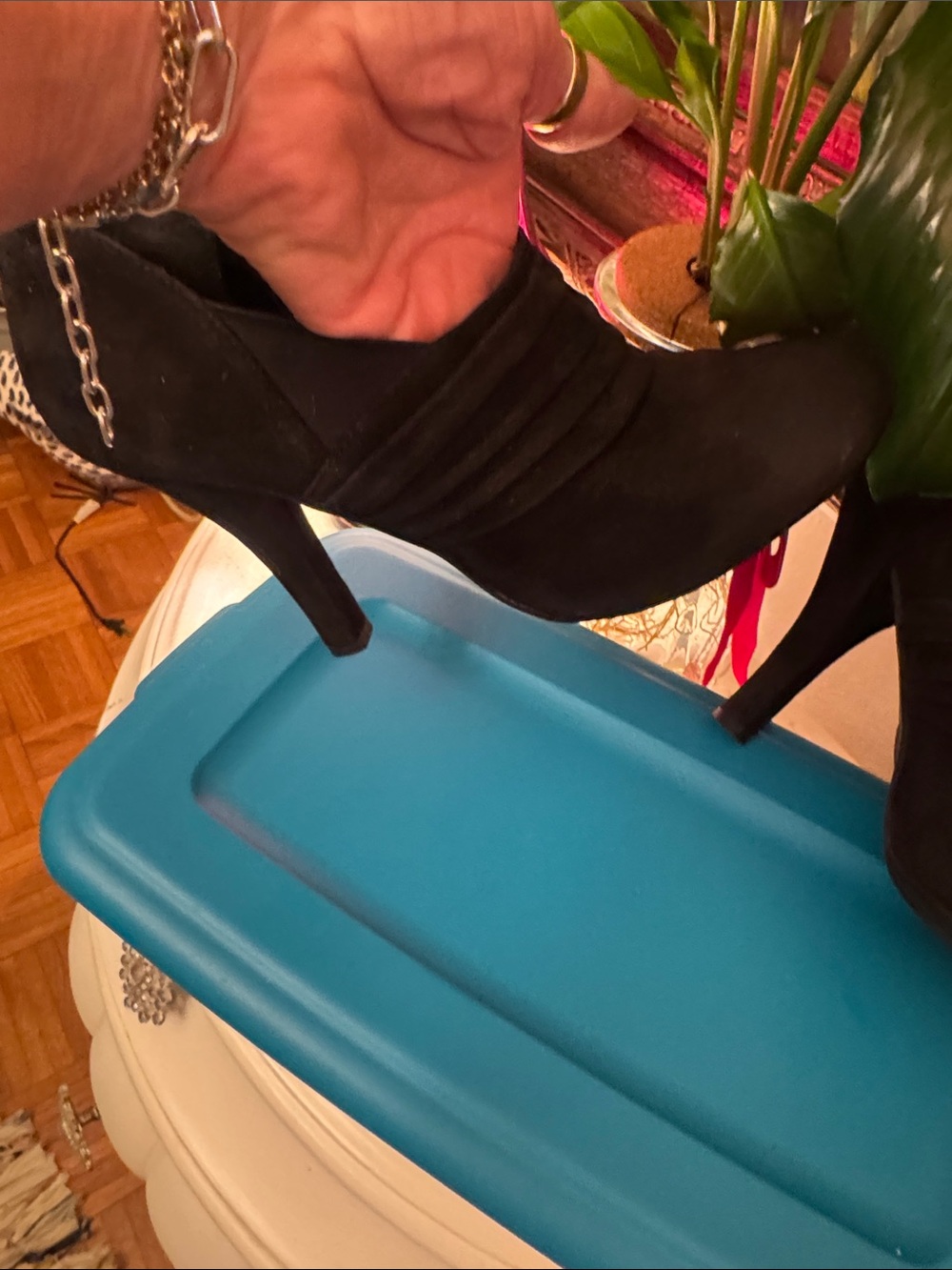 me too Black Suede Heeled Ankle Pumps